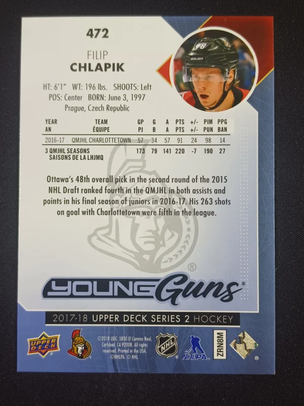 2017/2018 Upper Deck Series 2 Young Guns Silver Foil 472 Filip Chlapik Inzert - Image 2