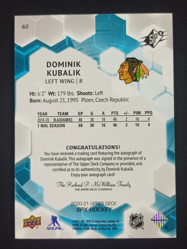 2020/2021 Upper Deck SPx Autographs 62 Dominik Kubalik AUTO - Image 2