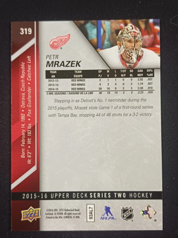 2015/2016 Upper Deck Series 2 Silver Foil 319 Petr Mrazek Paralel - Image 2