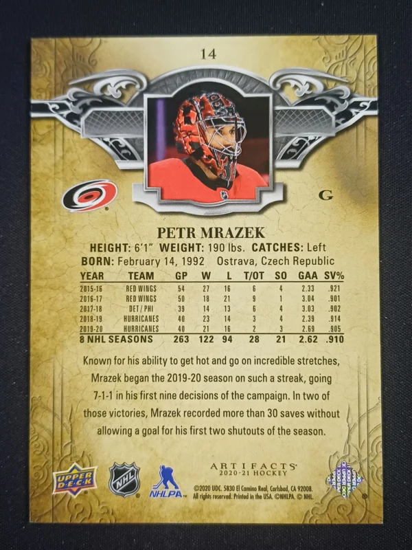 2020/2021 Upper Deck Artifacts Purple 14 Petr Mrazek Paralel 14/20 - Image 2