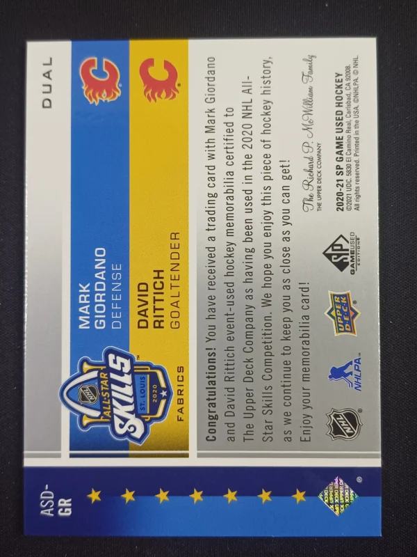 2020/2021 Upper Deck SPGU All-Star Skills Fabrics Dual ASD-GR David Rittich, Mark Giordano Jersey - Image 2