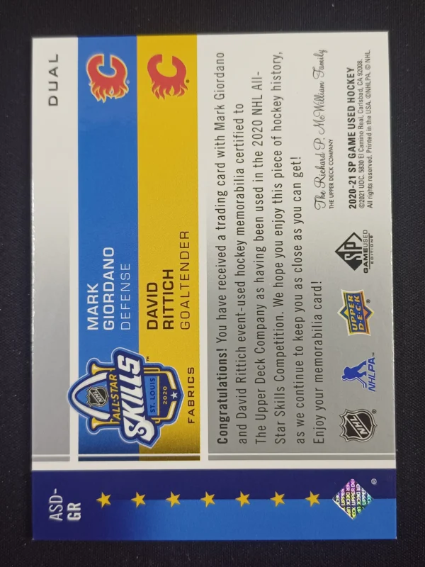 2020/2021 Upper Deck SPGU All-Star Skills Fabrics Dual ASD-GR David Rittich, Mark Giordano Jersey - Image 2