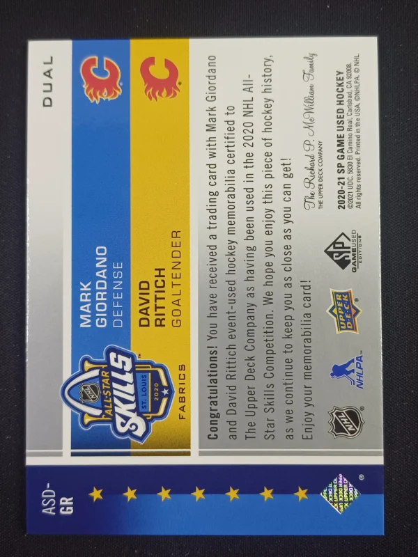 2020/2021 Upper Deck SPGU All-Star Skills Fabrics Dual ASD-GR David Rittich, Mark Giordano Jersey - Image 2