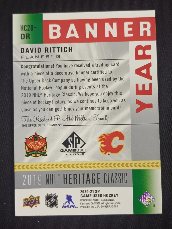2020/2021 Upper Deck SPGU 2019 NHL Heritage Classic Banner Year Relics HC20-DR David Rittich Jersey - Image 2