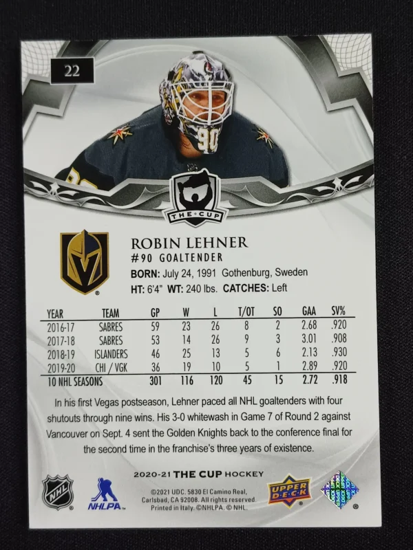 2020/2021 Upper Deck The Cup Base 22 Robin Lehner 165/249 - Image 2