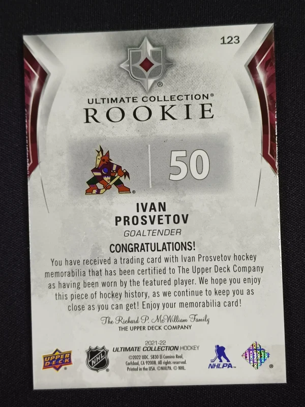 2021/2022 Upper Deck Ultimate Collection Rookie Jersey 123 Ivan Prosvetov Jersey 415/699 - Image 2