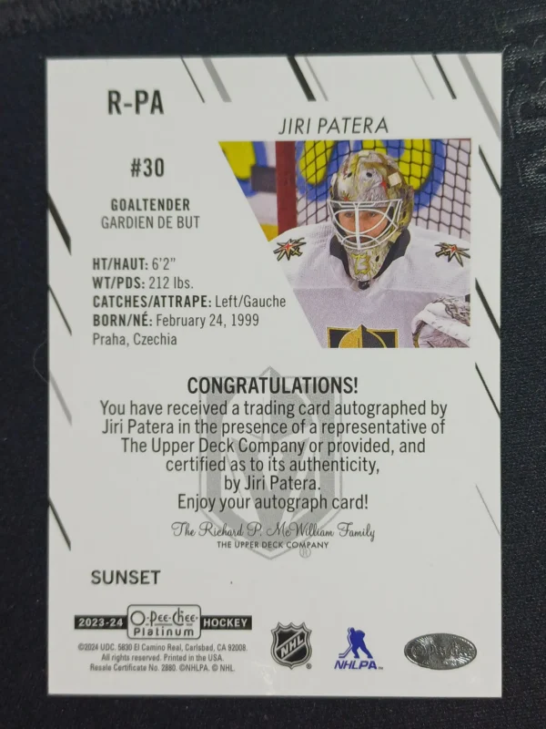 2023/2024 Upper Deck OPC Platinum Marquee Rookie Sunset AUTO R-PA Jiri Patera Paralel - Image 2