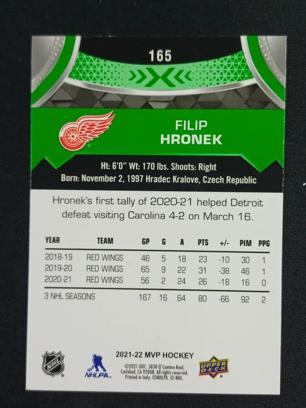 2021/2022 Upper Deck MVP Green Script 165 Filip Hronek Paralel - Image 2
