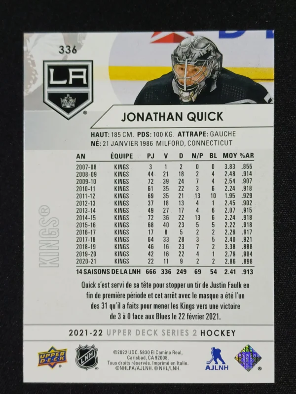 2021/2022 Upper Deck Series 2 Base French 336 Jonathan Quick Paralel - Image 2