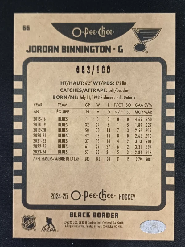 2024/2025 Upper Deck O-Pee-Chee Retro Black Border 66 Jordan Binnington Paralel 083/100 - Image 2
