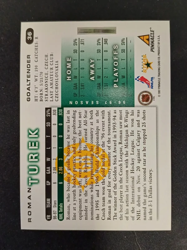 1997/1998 Pinnacle Score Golden Blades 36 Roman Turek Paralel - Image 2