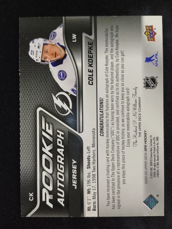 2022/2023 Upper Deck SPx Rookie Autgraph Jersey CK Cole Koepke AUTO Jersey 367/275 - Image 2