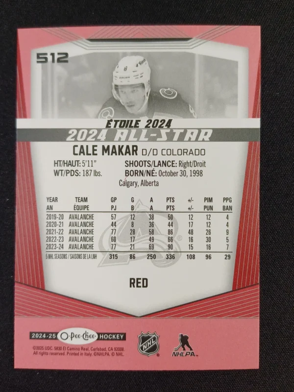 2024/2025 Upper Deck O-Pee-Chee Red Border 512 Cale Makar Paralel - Image 2