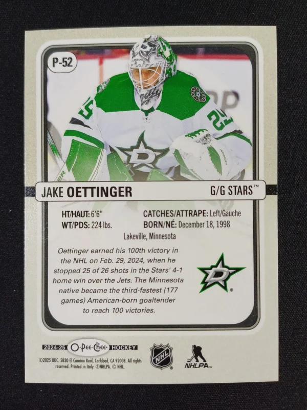 2024/2025 Upper Deck O-Pee-Chee Premier P-52 Jake Oettinger Inzert - Image 2