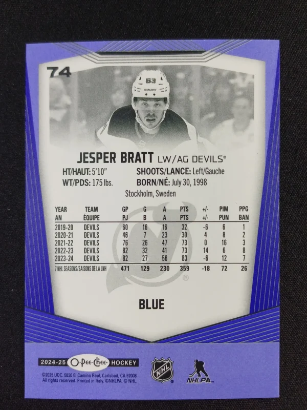 2024/2025 Upper Deck O-Pee-Chee Blue Border 74 Jesper Bratt Paralel - Image 2