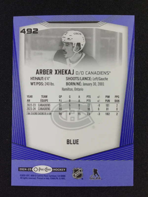 2024/2025 Upper Deck O-Pee-Chee Blue Border 492 Arber Xhekaj Paralel - Image 2