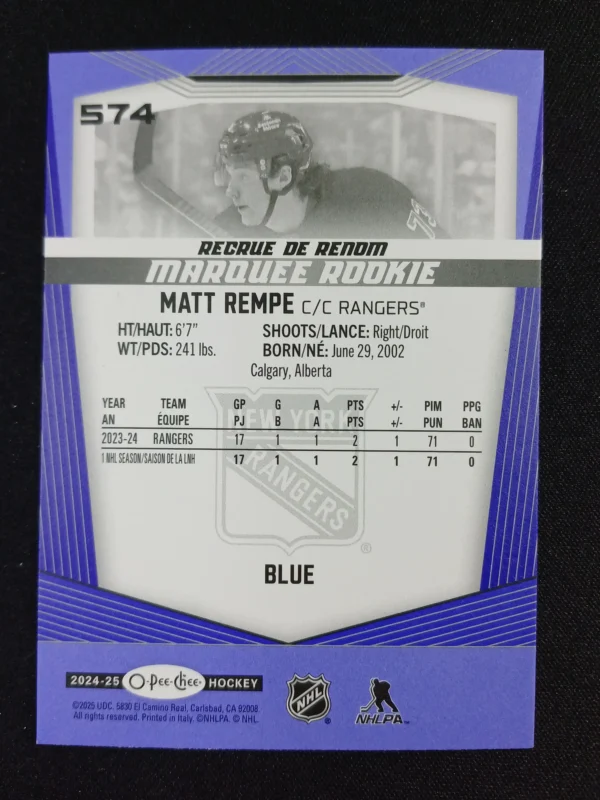 2024/2025 Upper Deck O-Pee-Chee Blue Border 574 Matt Rempe Paralel - Image 2