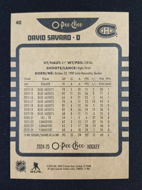 2024/2025 Upper Deck O-Pee-Chee Retro 40 David Savard Paralel - Image 2