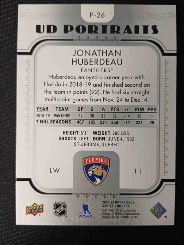 2019/2020 Upper Deck Series 1 Portraits P-26 Jonathan Huberdeau Inzert - Image 2
