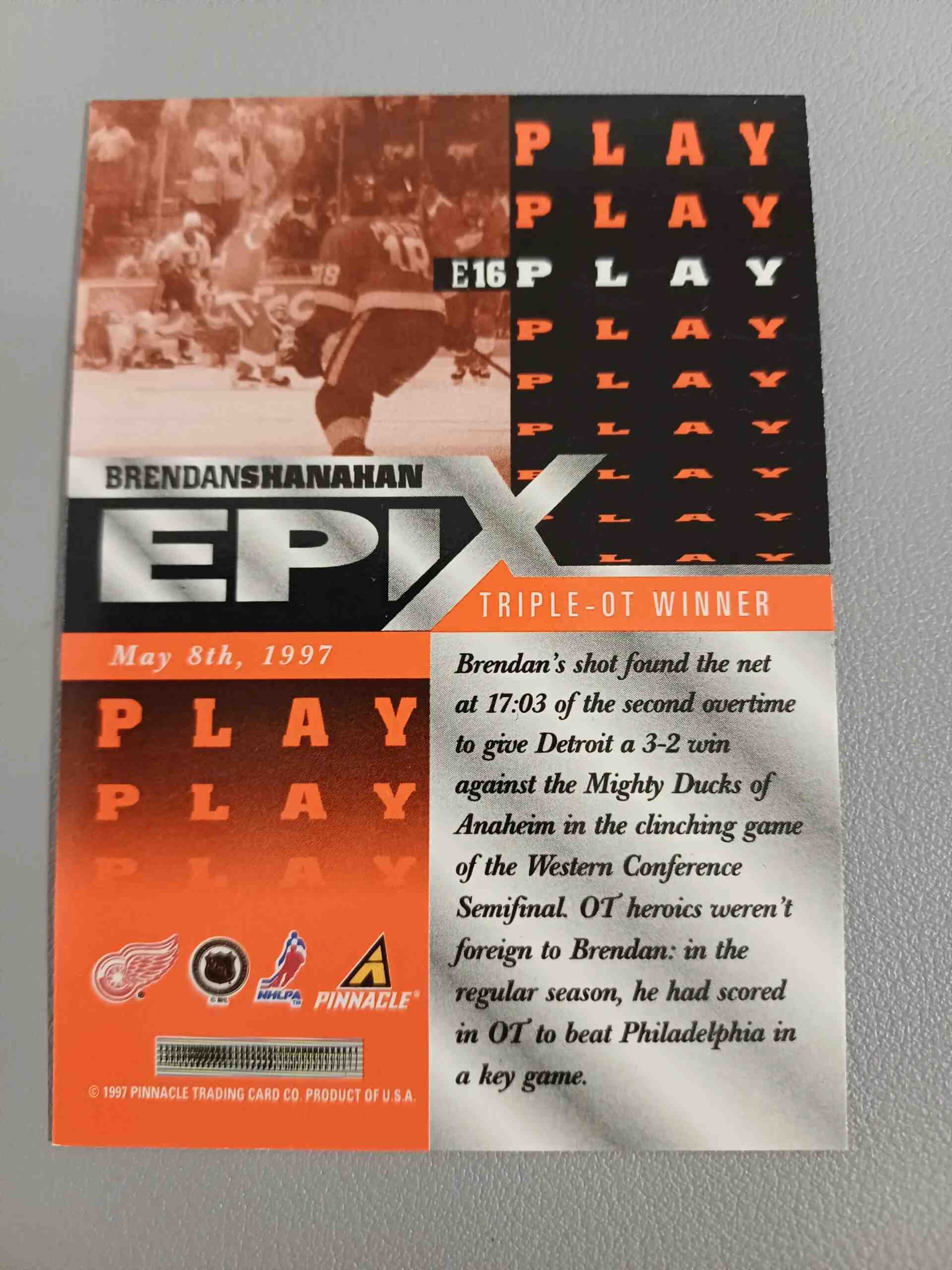 1997/1998 Pinnacle Epix Orange Play E16 Brendan Shanahan Inzert - Obrázek 2