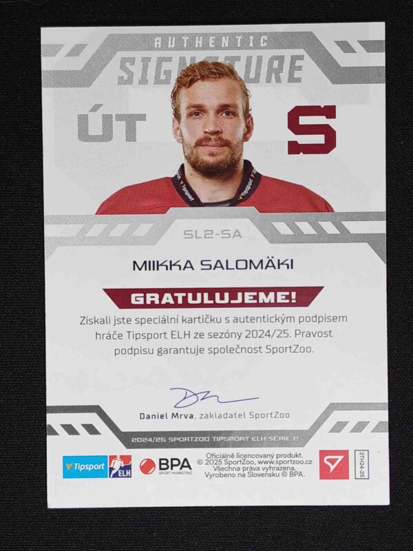 2024/2025 Sportzoo Serie 2 Authentic Signature Level 2 SL2-SA Miikka Salomaki AUTO 38/75 - Image 2
