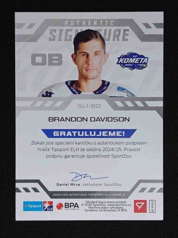 2024/2025 Sportzoo Serie 2 Authentic Signature Level 1 SL1-BD Brandon Davidson AUTO 39/99 - Image 2