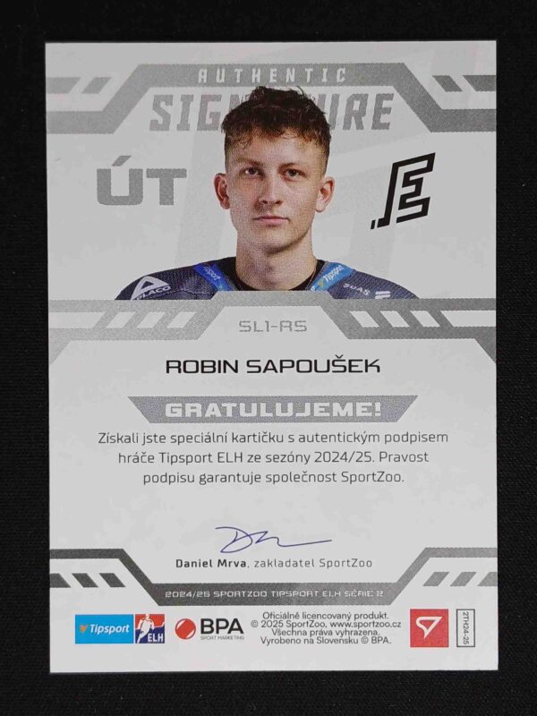 2024/2025 Sportzoo Serie 2 Authentic Signature Level 1 SL1-RS Robin Sapoušek AUTO 42/99 - Image 2