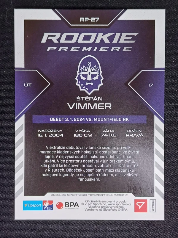 2024/2025 Sportzoo Serie 2 Rookie Premiere Limited RP-27 Štěpán Vimmer Inzert 82/99 - Image 2