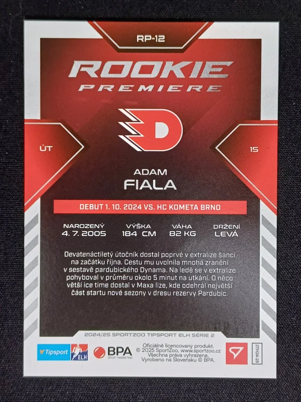 2024/2025 Sportzoo Serie 2 Rookie Premiere Limited RP-12 Adam Fiala Inzert 46/99 - Image 2