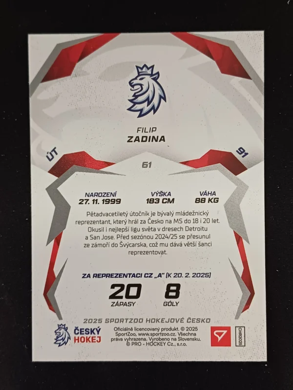 2025 Sportzoo Hokejové Česko Red 61 Filip Zadina Paralel - Image 2