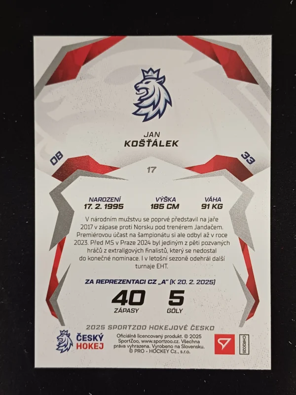 2025 Sportzoo Hokejové Česko Red 17 Jan Košťálek Paralel - Image 2