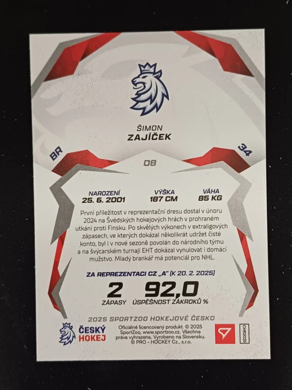 2025 Sportzoo Hokejové Česko Red 8 Šimon Zajíček Paralel - Image 2