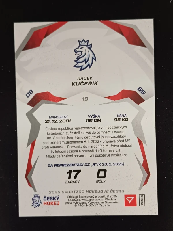 2025 Sportzoo Hokejové Česko Red 19 Radek Kučeřík Paralel - Image 2