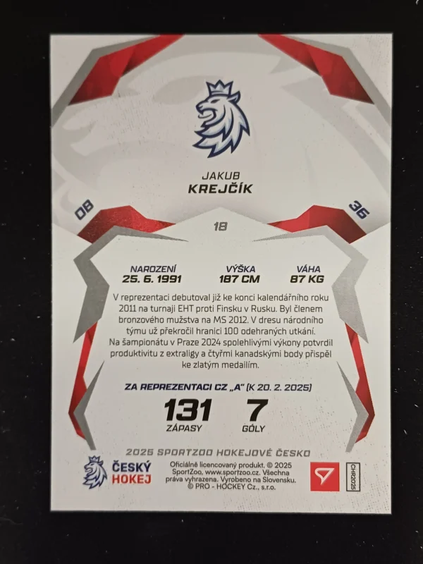 2025 Sportzoo Hokejové Česko Red 18 jakub Krejčík Paralel - Image 2