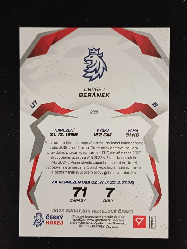 2025 Sportzoo Hokejové Česko Red 29 Ondřej Beránek Paralel - Image 2