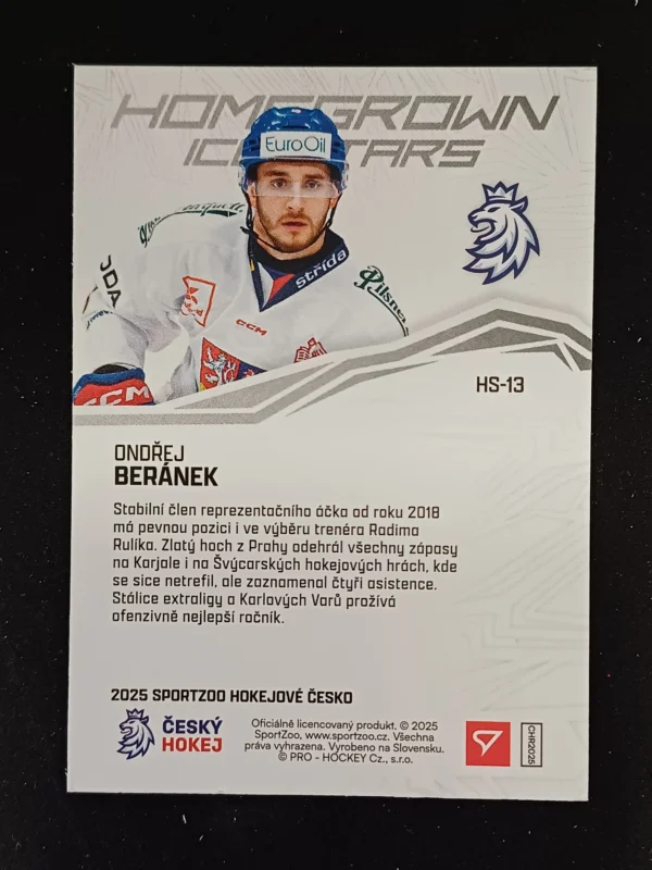 2025 Sportzoo Hokejové Česko Homegrown Ice Stars HS-13 Ondřej Beránek Inzert - Image 2