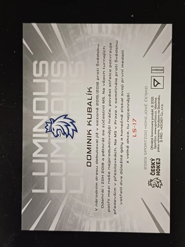 2025 Sportzoo Hokejové Česko Luminous LS-17 Dominik Kubalík Inzert - Image 2