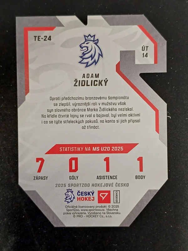2025 Sportzoo Hokejové Česko Team 20 TE-24 Adam Židlický Inzert - Image 2