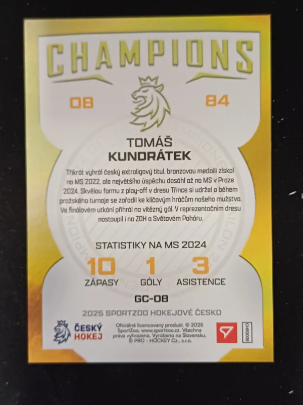2025 Sportzoo Hokejové Česko Champions 2024 GC-08 Tomáš Kundrátek Inzert - Image 2
