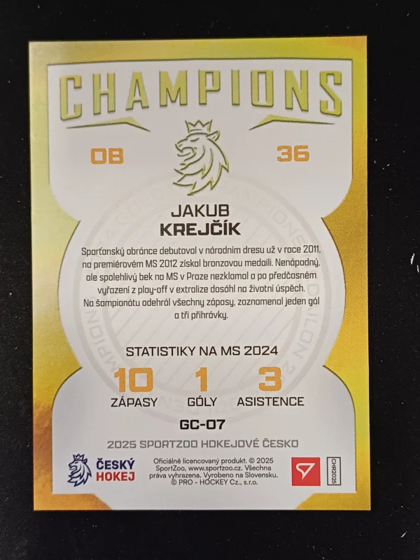 2025 Sportzoo Hokejové Česko Champions 2024 GC-07 jakub Krejčík Inzert - Image 2