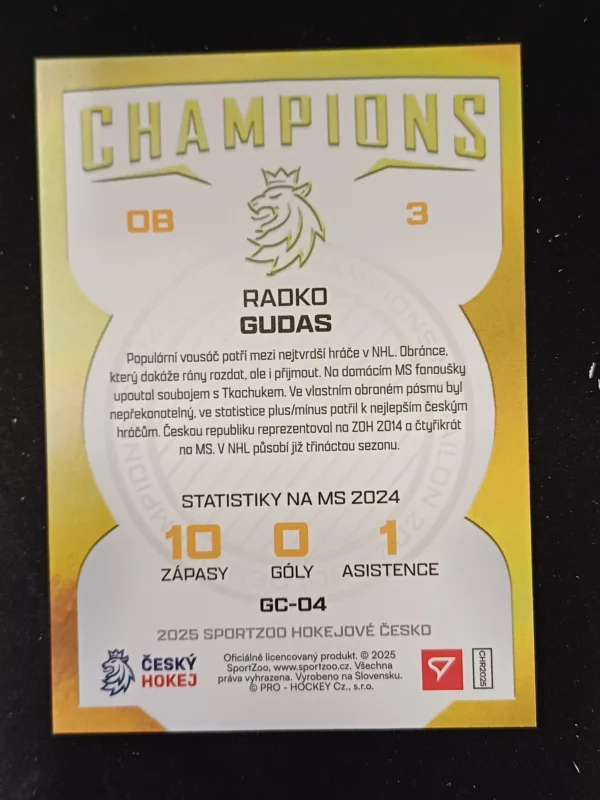 2025 Sportzoo Hokejové Česko Champions 2024 GC-04 Radko Gudas Inzert - Image 2