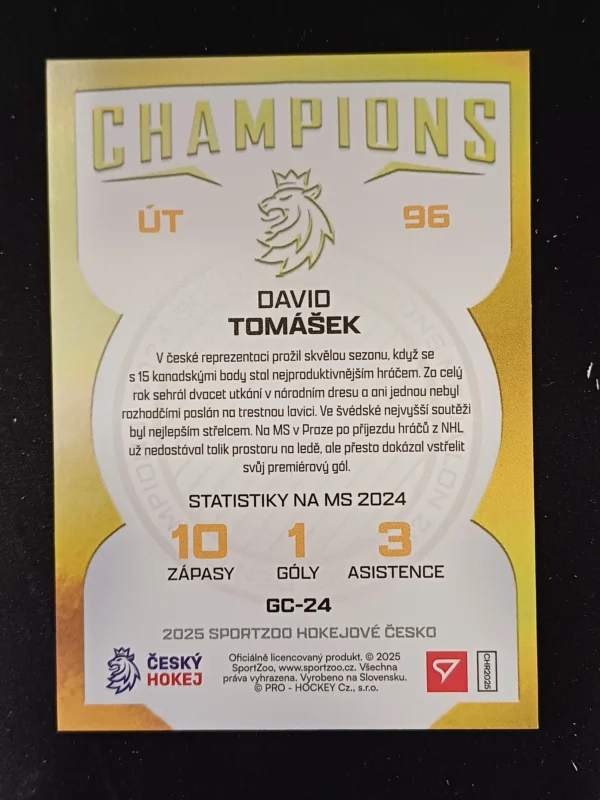 2025 Sportzoo Hokejové Česko Champions 2024 GC-24 David Tomášek Inzert - Image 2