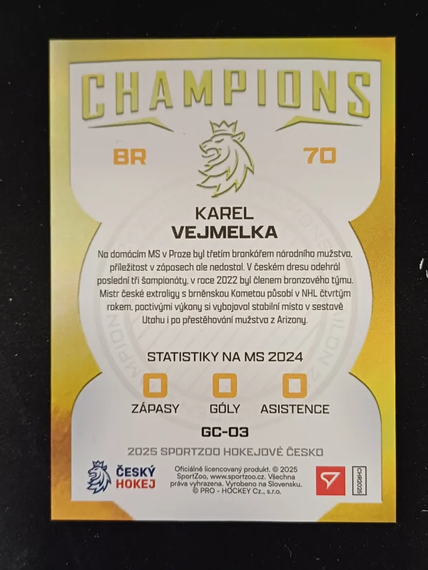 2025 Sportzoo Hokejové Česko Champions 2024 GC-03 Karel Vejmelka Inzert - Image 2