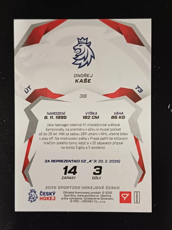 2025 Sportzoo Hokejové Česko Blue 38 Ondřej Kaše Paralel 27/49 - Image 2