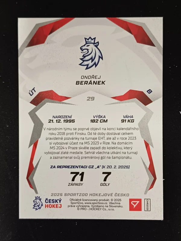 2025 Sportzoo Hokejové Česko Blue 29 Ondřej Beránek Paralel 30/49 - Image 2