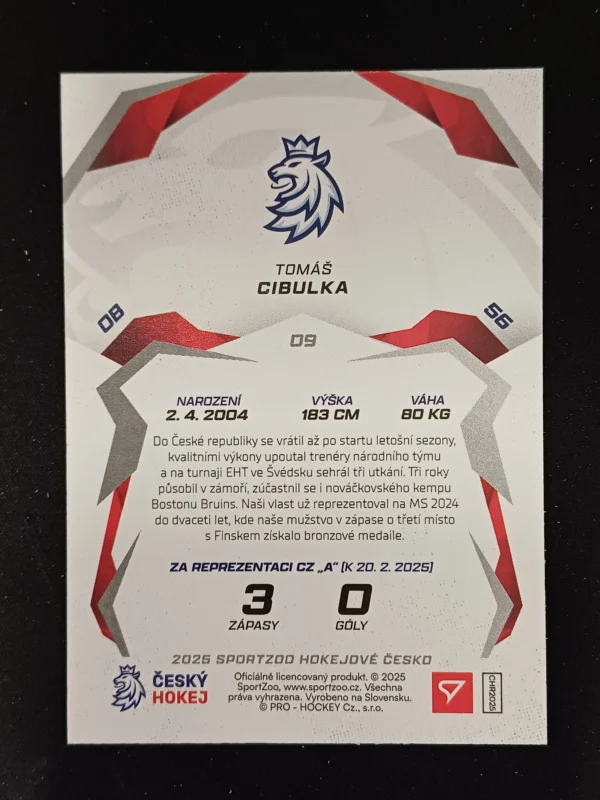 2025 Sportzoo Hokejové Česko Base 9 Tomáš Cibulka - Image 2