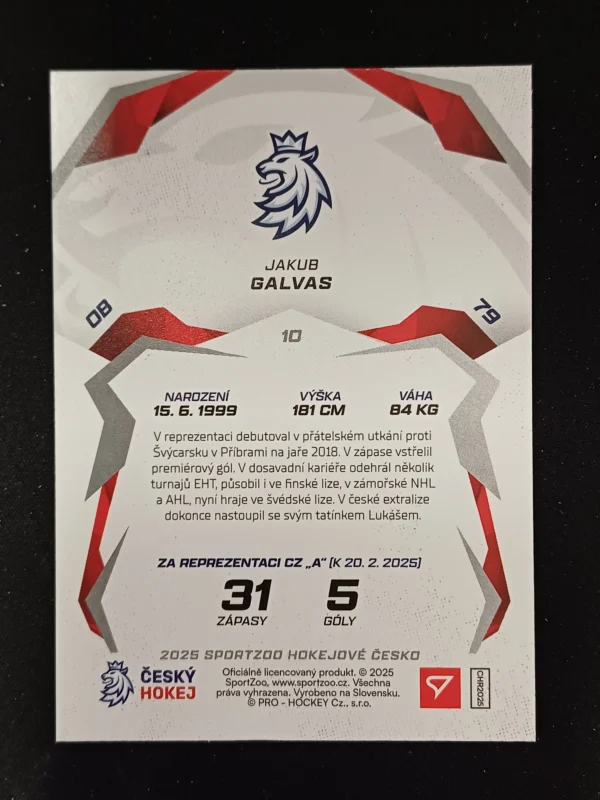 2025 Sportzoo Hokejové Česko Base 10 Jakub Galvas - Image 2