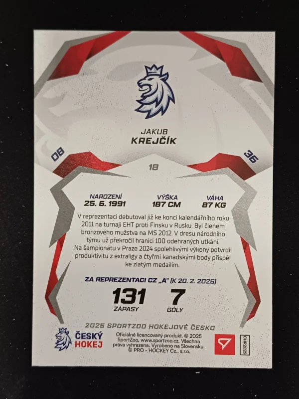 2025 Sportzoo Hokejové Česko Base 18 jakub Krejčík - Image 2