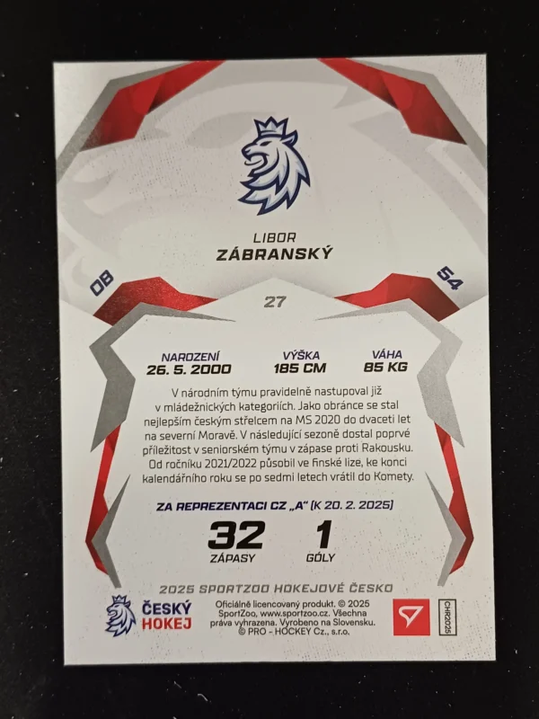 2025 Sportzoo Hokejové Česko Base 27 Libor Zábranský - Image 2