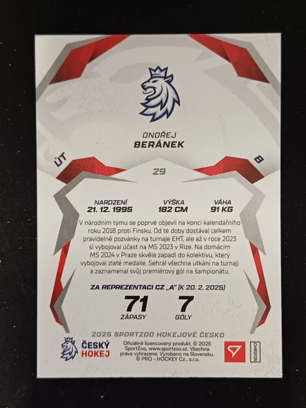2025 Sportzoo Hokejové Česko Base 29 Ondřej Beránek - Image 2